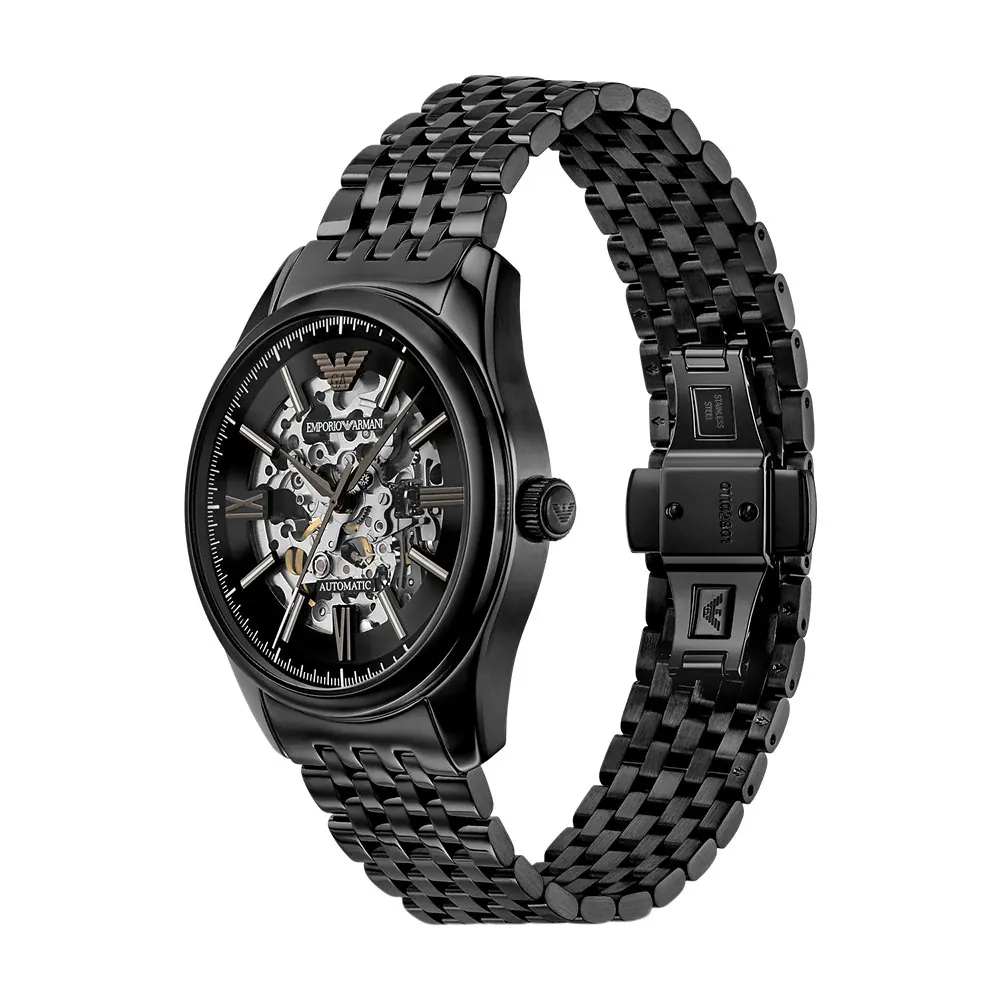 萬年鐘錶 - ARMANI  精品腕錶  透視機芯全黑不鏽鋼機械男錶 AR60093  錶徑43MM