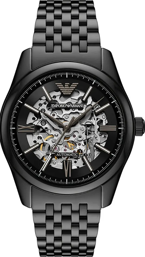 萬年鐘錶 - ARMANI  精品腕錶  透視機芯全黑不鏽鋼機械男錶 AR60093  錶徑43MM