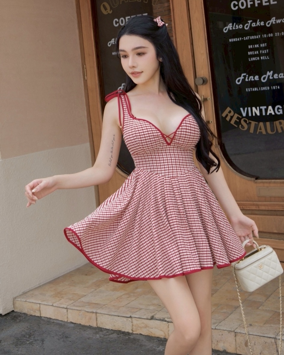 訂製-性感交叉低胸滾邊格紋傘洋