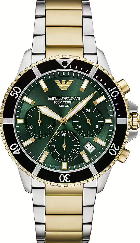 萬年鐘錶 - ARMANI  亞曼尼 精品腕錶    太陽能紳士經典綠金三眼不鏽鋼男錶 AR11695 錶徑43.5MM