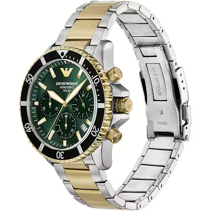 萬年鐘錶 - ARMANI  亞曼尼 精品腕錶    太陽能紳士經典綠金三眼不鏽鋼男錶 AR11695 錶徑43.5MM