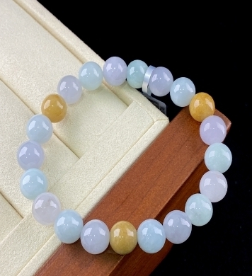 C003 翡翠（A货）白月光带黄双彩圆珠手串