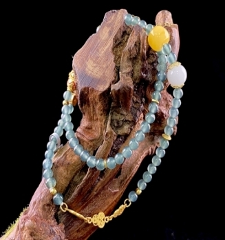 C016 翡翠（A货）蓝水圆珠带银镀金配饰珠链