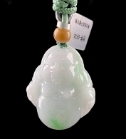 C095 翡翠（A货）白底青带阳绿肚里藏金佛公吊坠