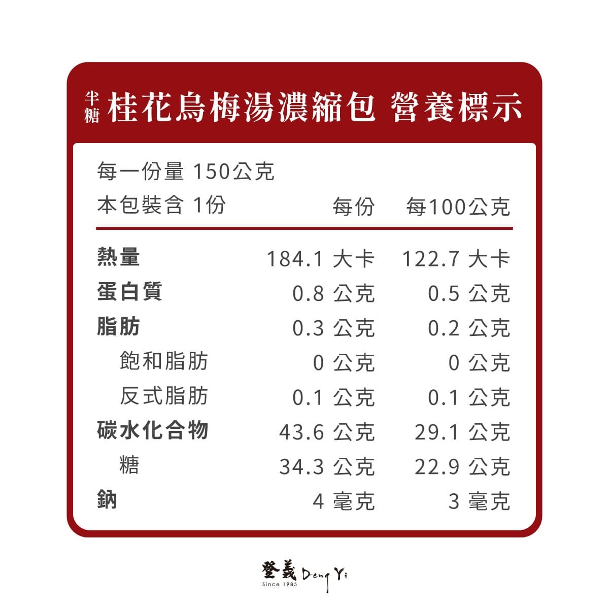 登義半糖桂花烏梅湯營養標示