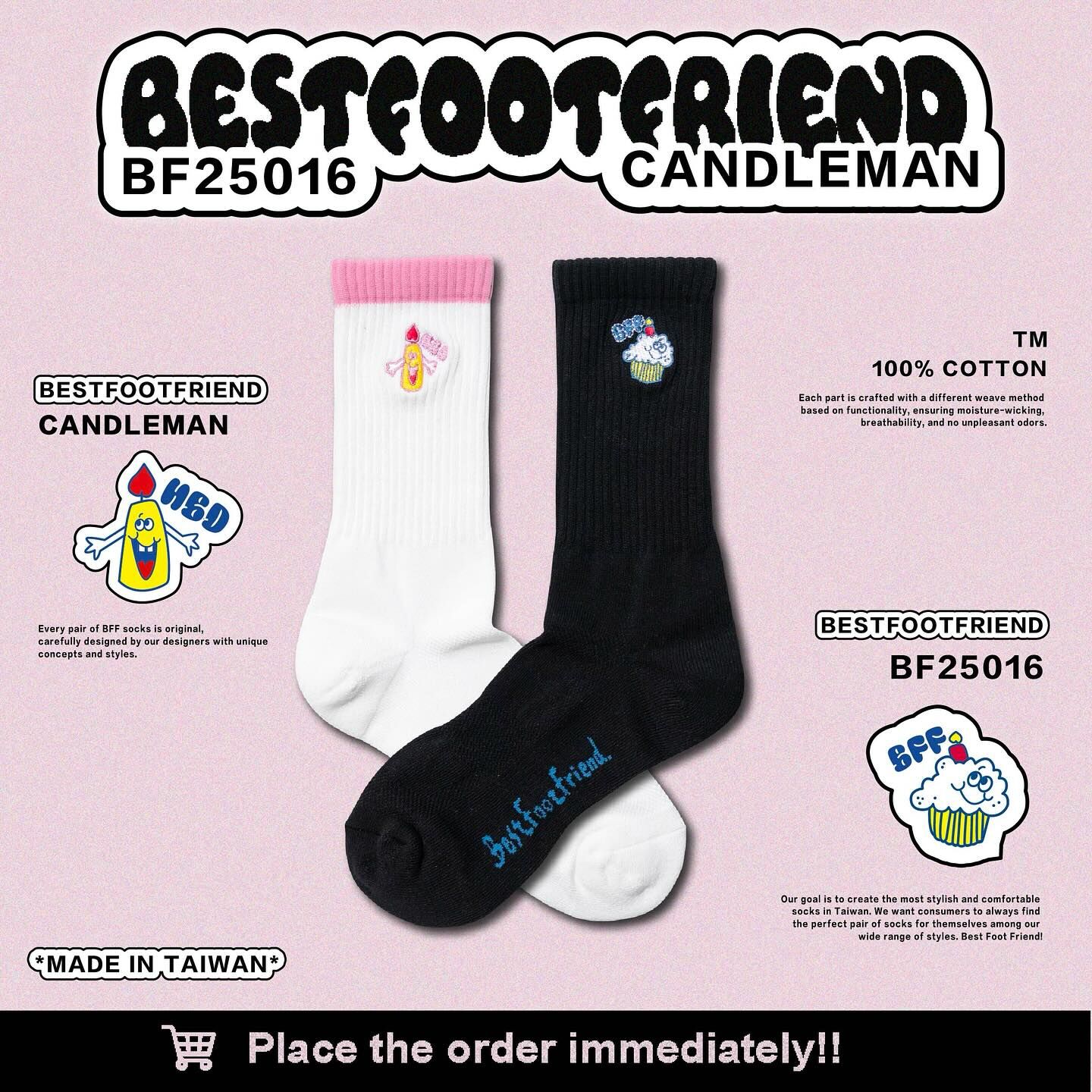 BFF Symptom Socks Candleman 黑色 白色 蠟燭人 刺繡 中筒襪 長襪【BF25016】