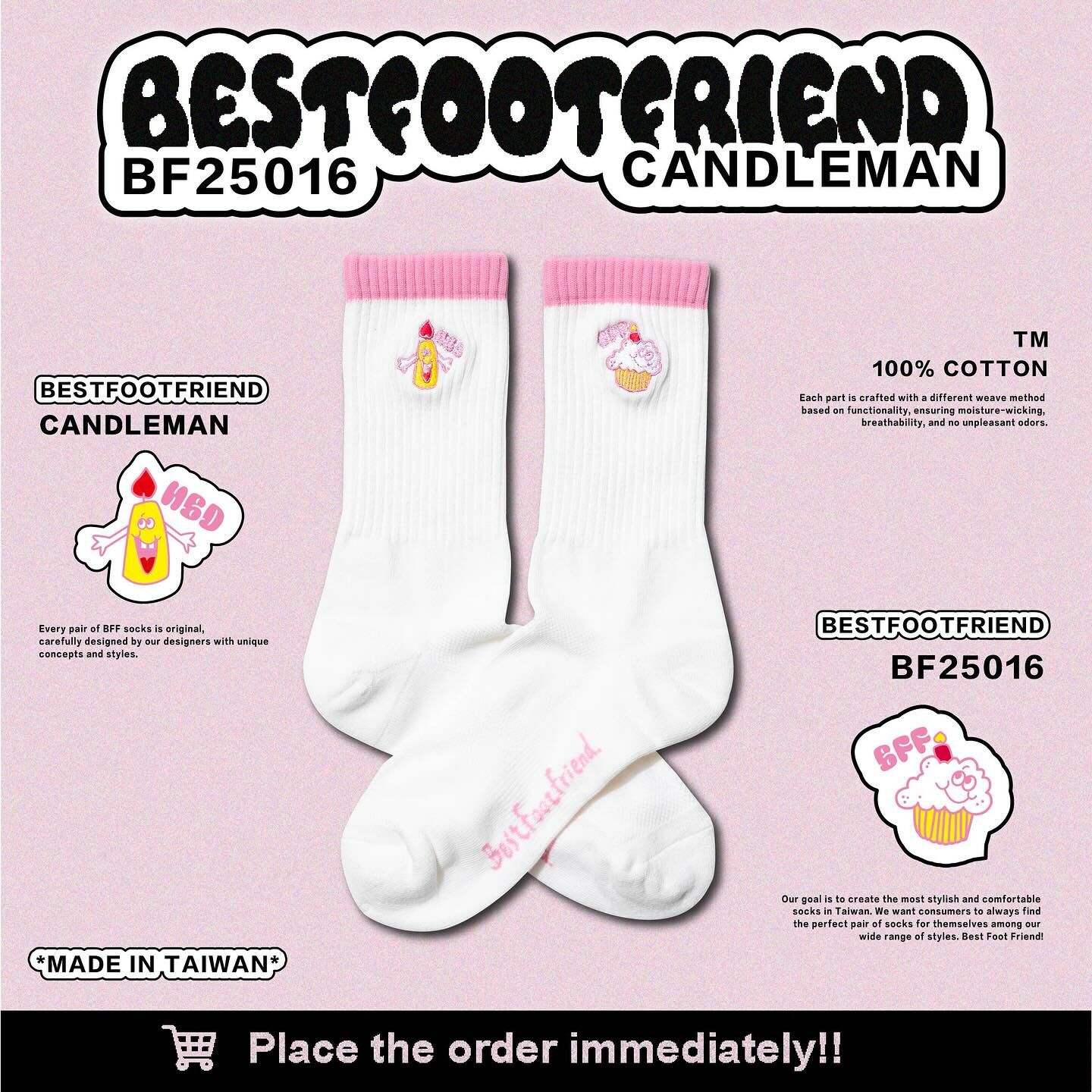 BFF Symptom Socks Candleman 黑色 白色 蠟燭人 刺繡 中筒襪 長襪【BF25016】