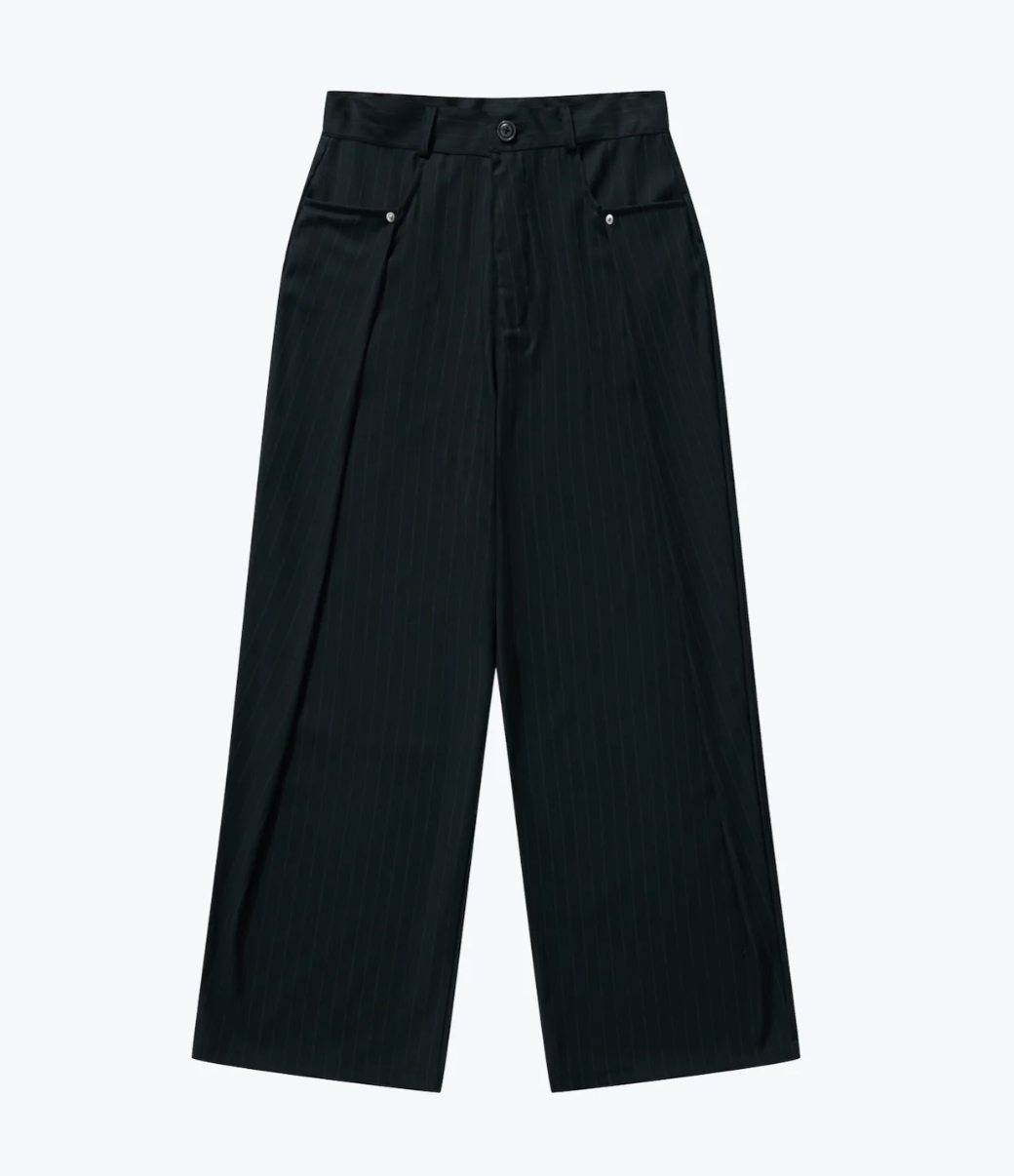 [現貨] Sense Pleated Dark Stripe Wide Trousers Black | M25-11
