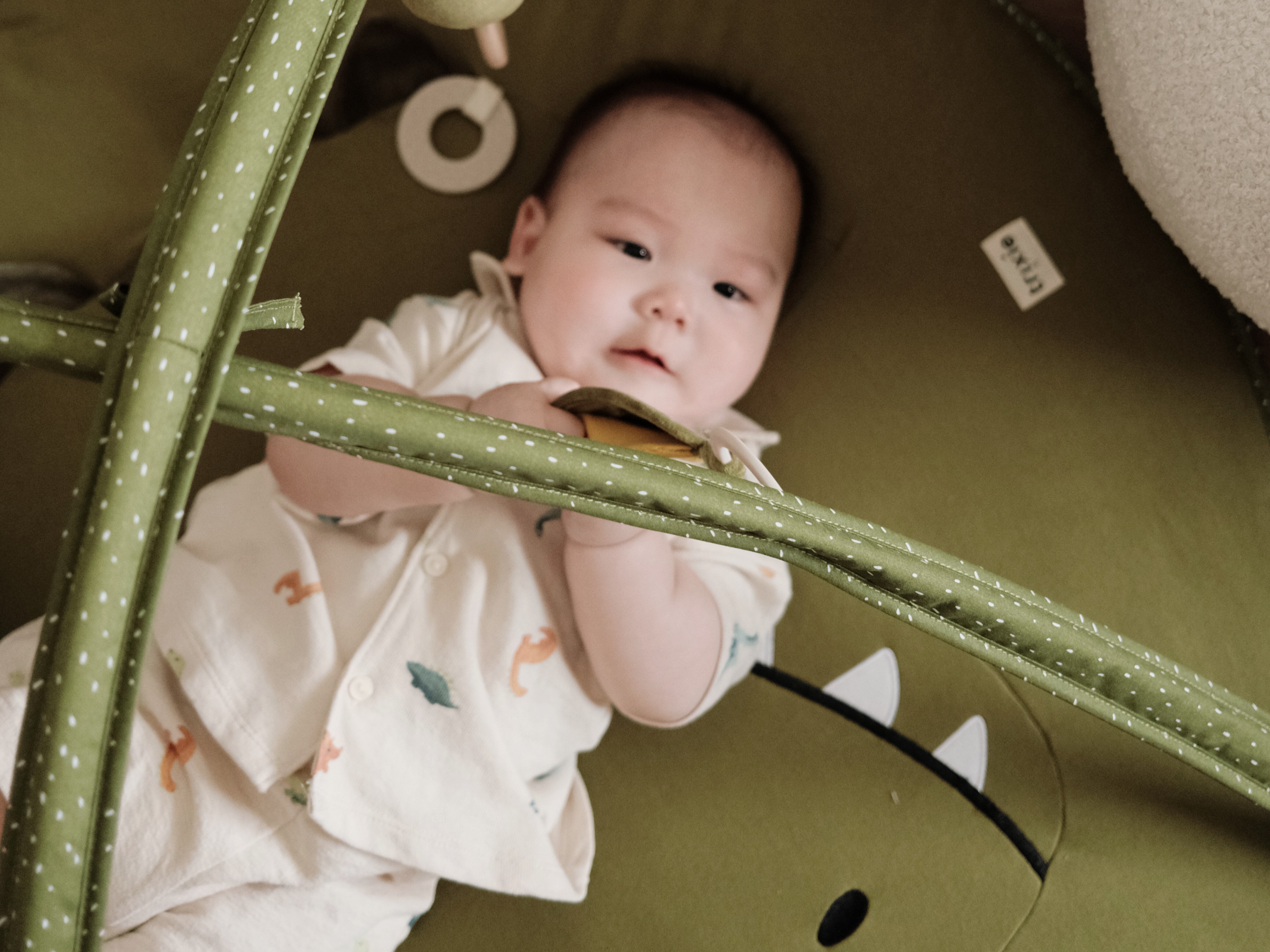 一位嬰兒穿著白色印有動物圖案的連身衣，躺在綠色恐龍造型遊戲墊上，手握吊飾，墊上有恐龍面部設計和吊環，背景為白色沙發，營造溫馨的遊戲環境。