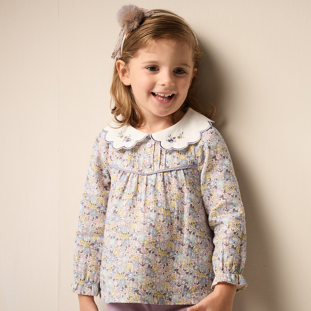 PIPPY 典雅滿版印花花邊領圍長袖上衣 紫