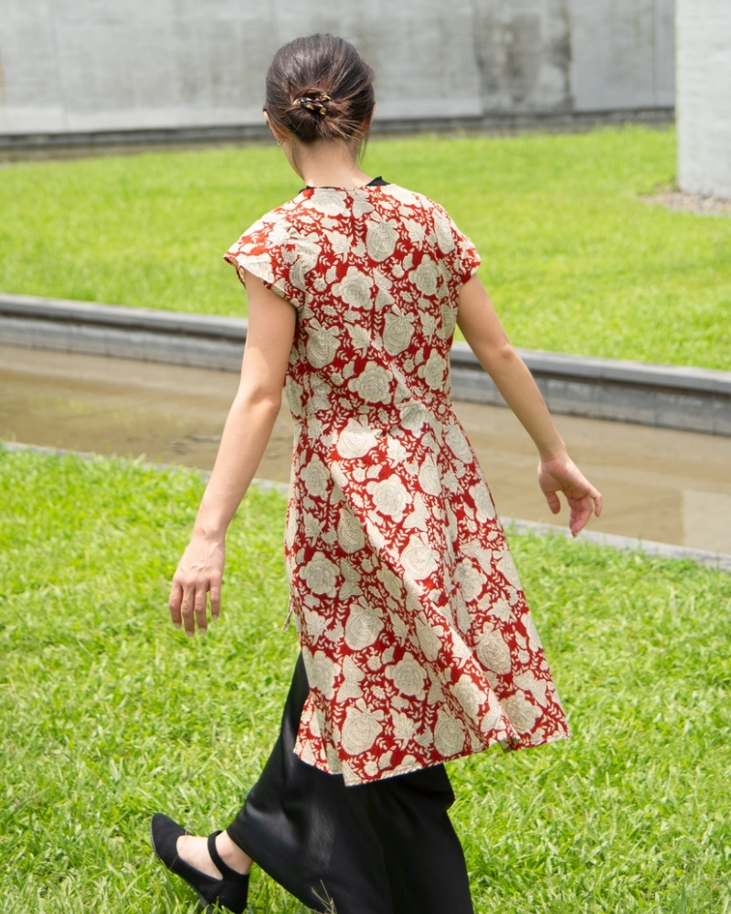 印度蓋染工藝純棉一片裙 短袖罩衫 - 牡丹花紅