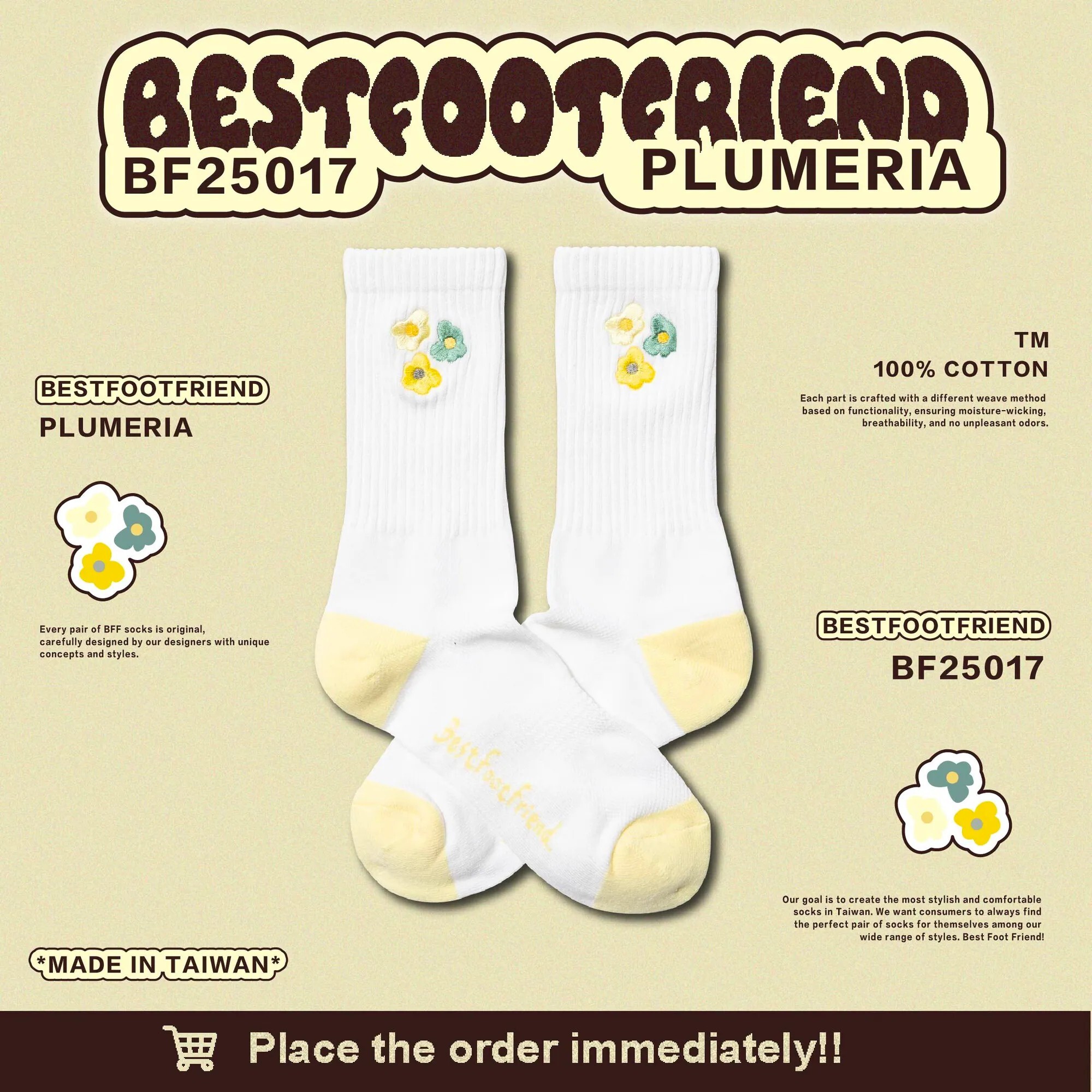 Best Foot Friend BFF Plumeria 雞蛋花 刺繡 長襪 沙 白