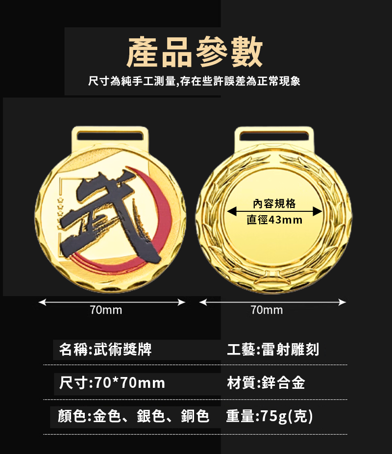 訂製金屬武術獎牌 升級送彩色排版金貼 BK9854