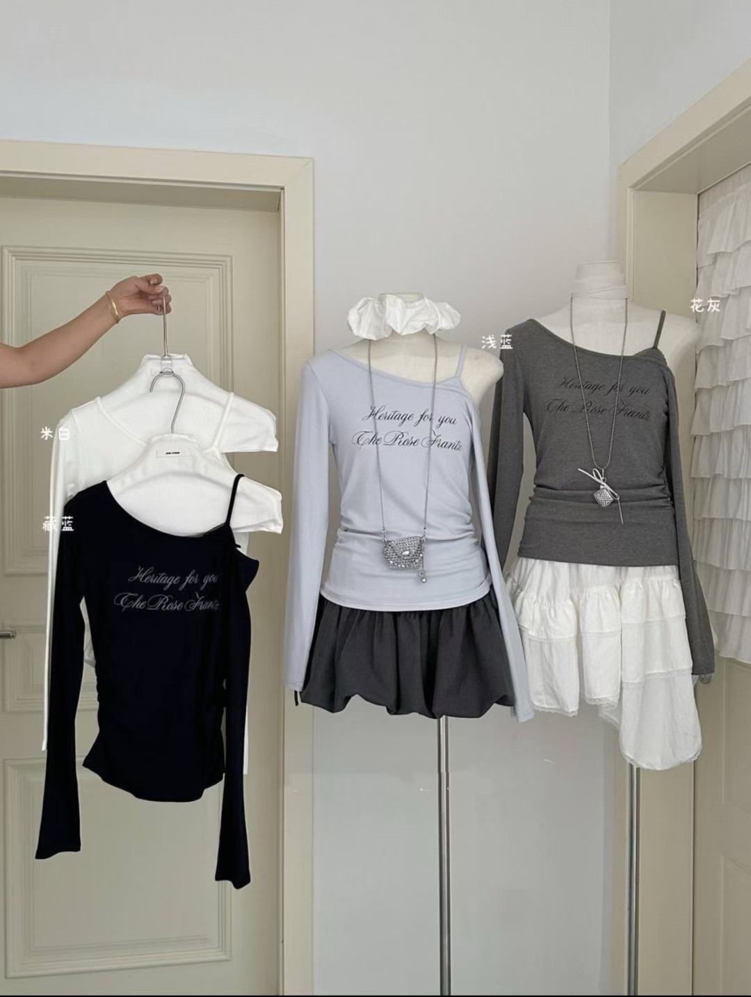 斜肩草寫印花 設計感長袖上衣