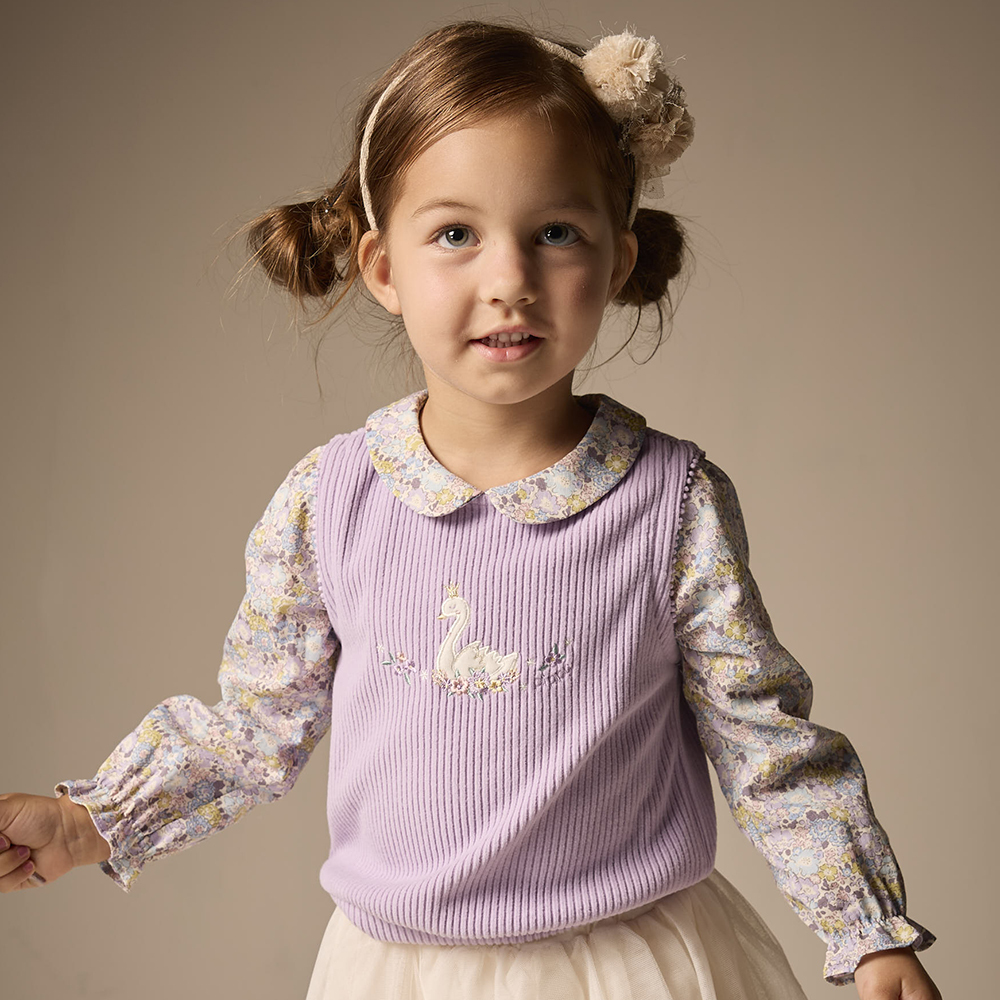 PIPPY 典雅翻領滿版印花假兩件長袖上衣 紫