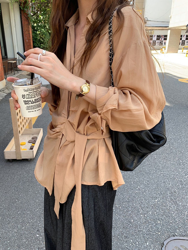 韓系歐膩穿搭腰綁帶襯衫-三色