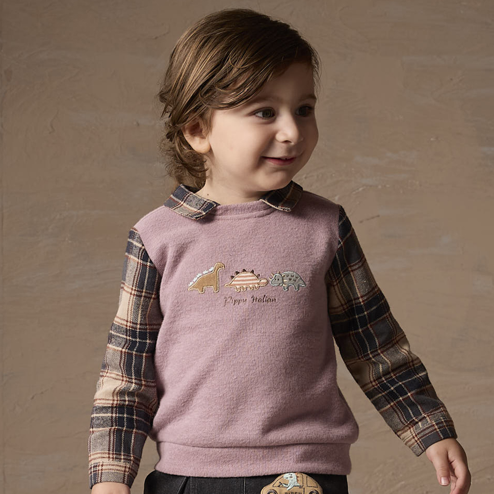 PIPPY 可愛小恐龍刺繡經典格紋翻領假兩件長袖上衣 紫