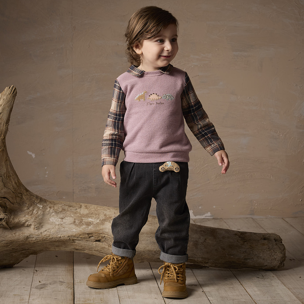 PIPPY 可愛小恐龍刺繡經典格紋翻領假兩件長袖上衣 紫