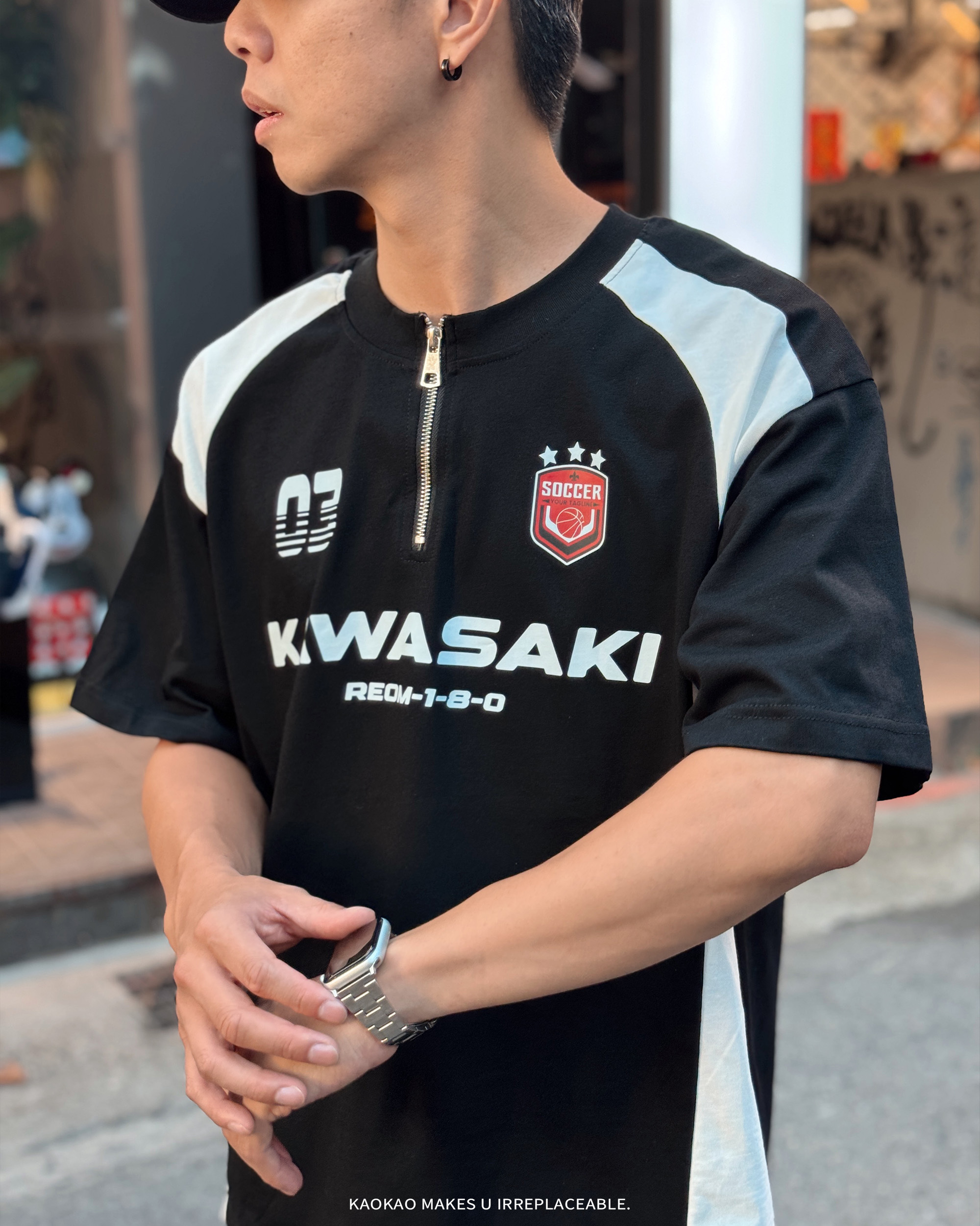 代購-Kawasaki川崎 280G重磅純棉 美式復古 拼接撞色 半拉鍊字母Logo印花 寬鬆 T恤 男女同款【LCK-HYDX22-LCK200】