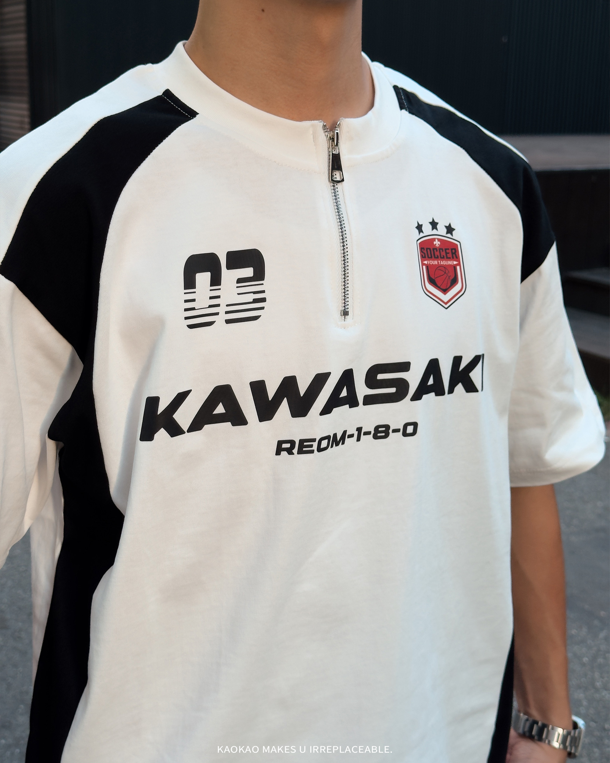 代購-Kawasaki川崎 280G重磅純棉 美式復古 拼接撞色 半拉鍊字母Logo印花 寬鬆 T恤 男女同款【LCK-HYDX22-LCK200】