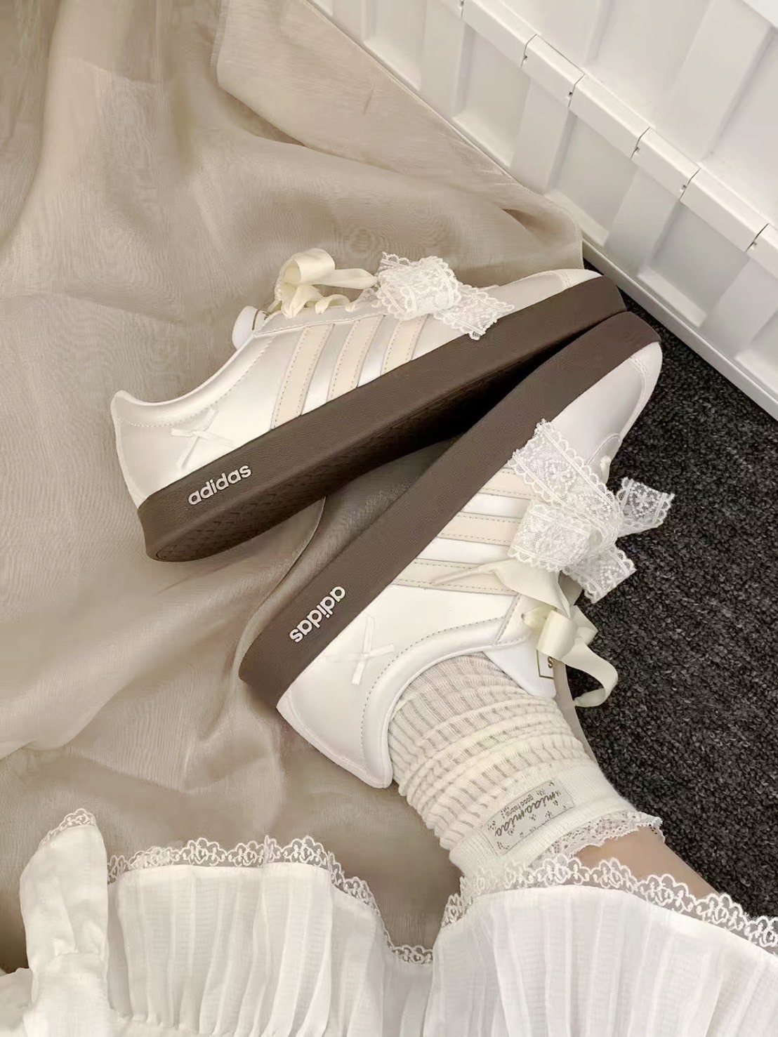 特殊訂製款 ADIDAS VL COURT 2.0 月光華爾茲 芭蕾蕾絲蝴蝶結 奶油白銀