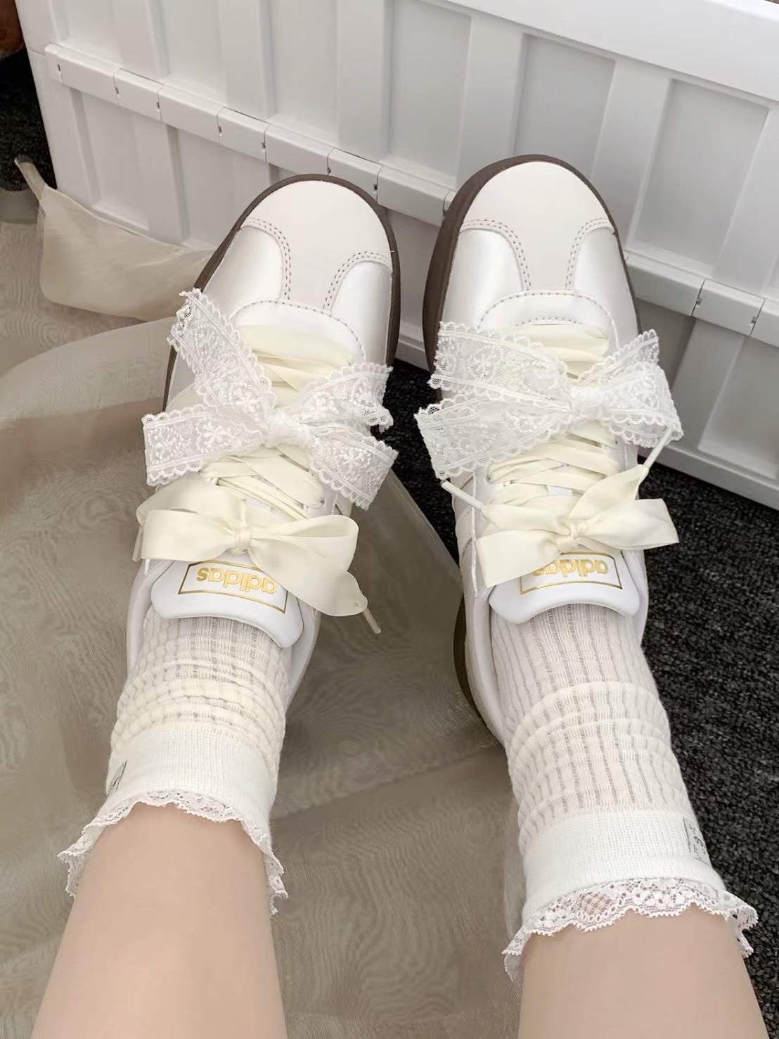 特殊訂製款 ADIDAS VL COURT 2.0 月光華爾茲 芭蕾蕾絲蝴蝶結 奶油白銀