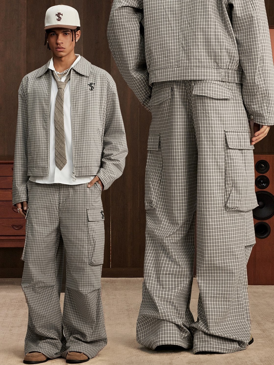 STK SmallTownKid  刺繡Logo 大口袋 格紋工裝長褲