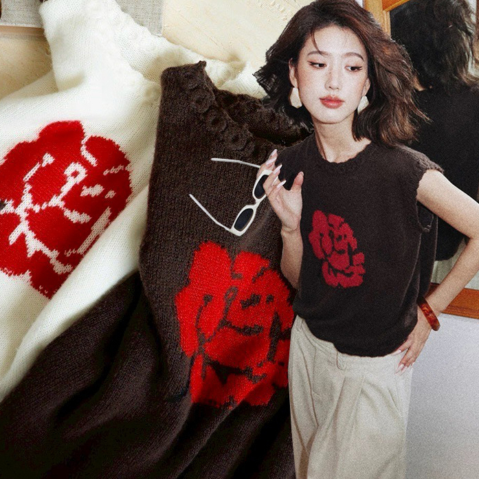 配色玫瑰花圖案圓領羊毛背心上衣-F (Elegant & Love)