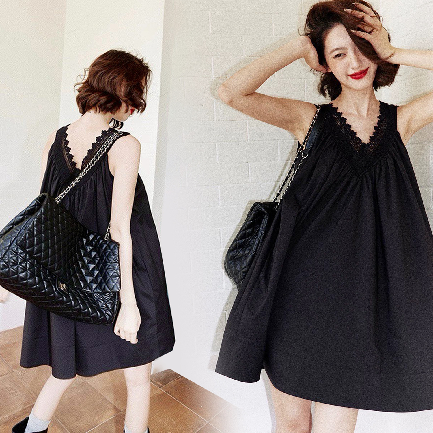 經典黑前後蕾絲V領造型傘擺短洋裝-S-M (Elegant & Love)