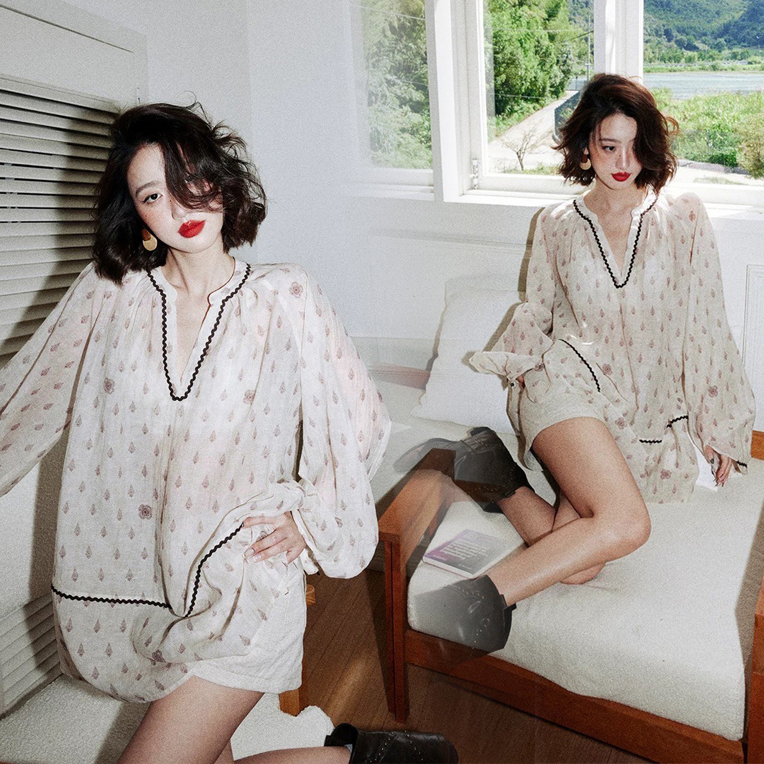 波希米亞配色圖紋感寬鬆娃娃短洋裝-S-M (Elegant & Love)