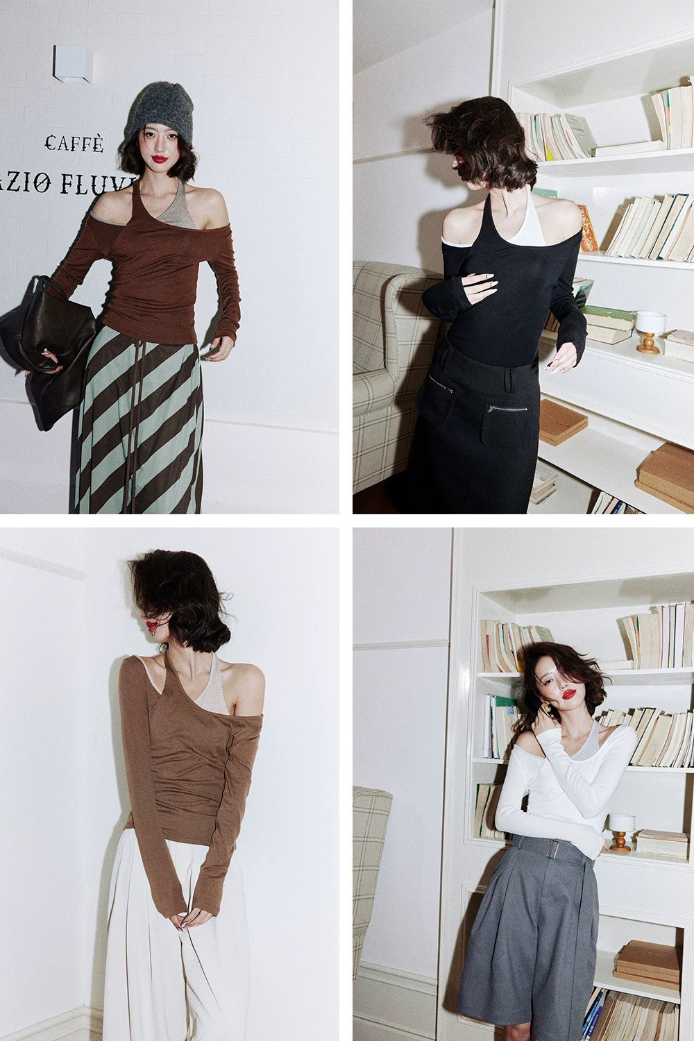 不對稱配色繞脖露肩造型長袖上衣-S-M / 4色 (Elegant & Love)