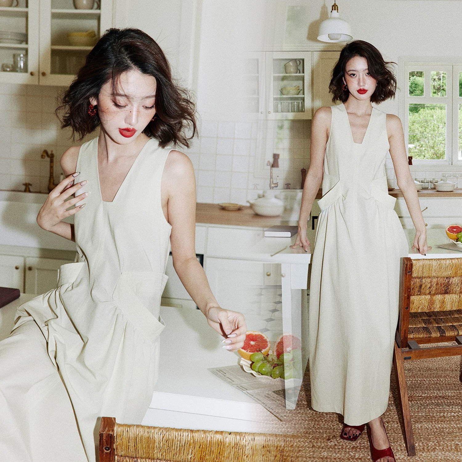 奶油杏腰部緞帶打褶造型背心長洋裝-XS-L (Elegant & Love)