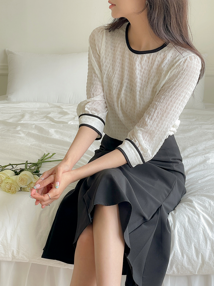 Pia 撞色格紋泡泡紗襯衫 [ 4色 / Free ]