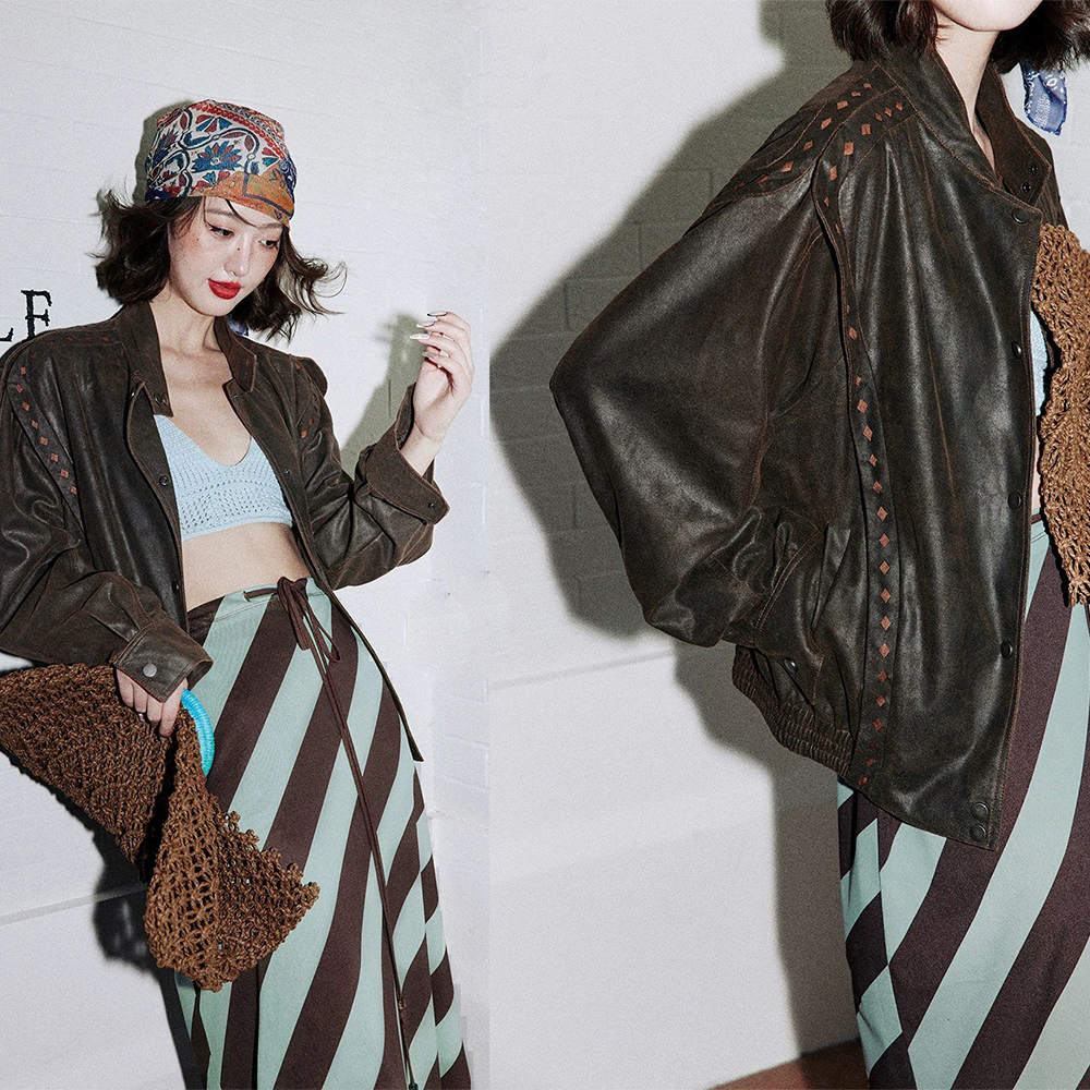 巧克力棕菱格滾邊造型皮革外套皮衣-XS-M (Elegant & Love)