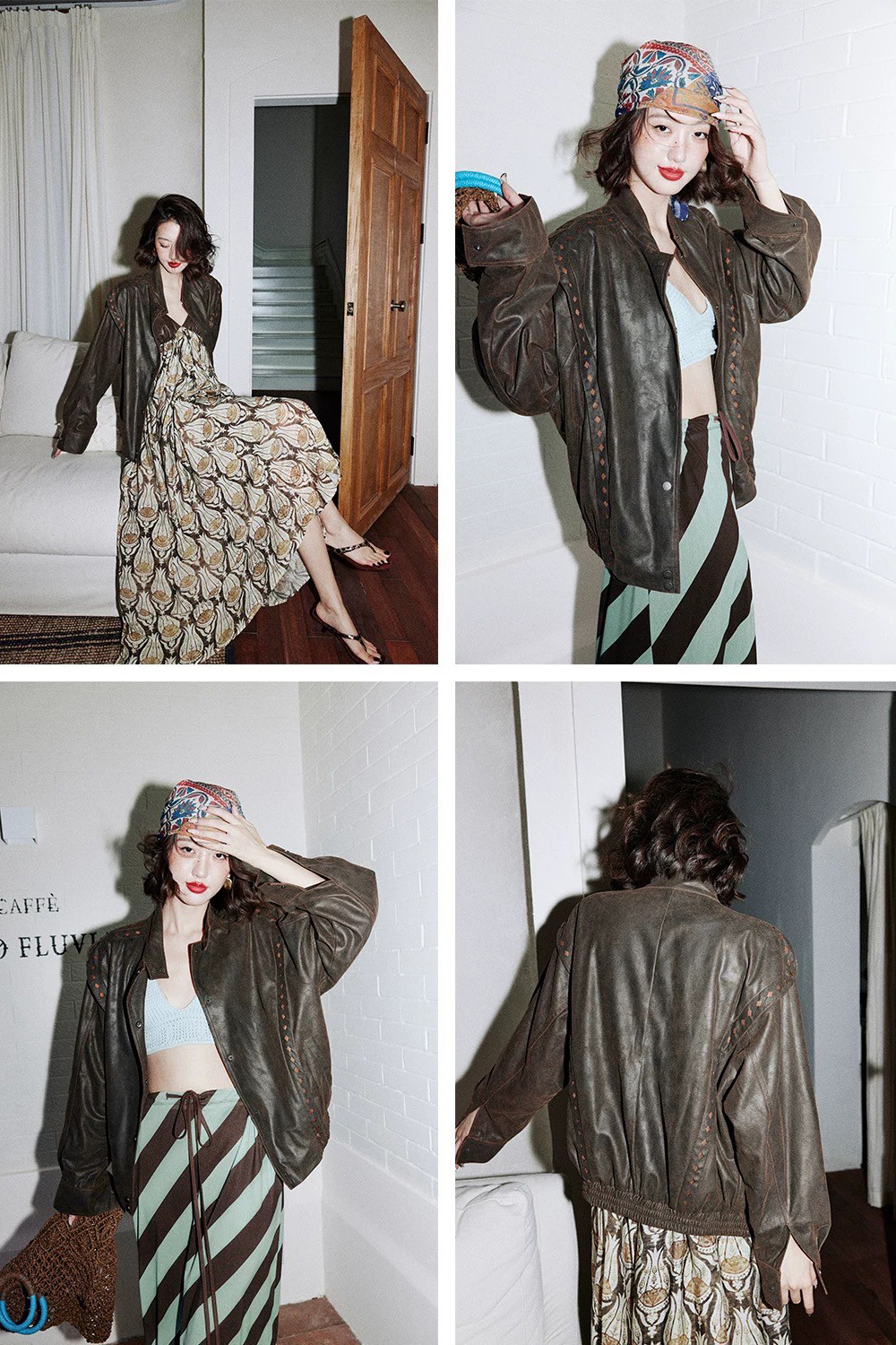 巧克力棕菱格滾邊造型皮革外套皮衣-XS-M (Elegant & Love)