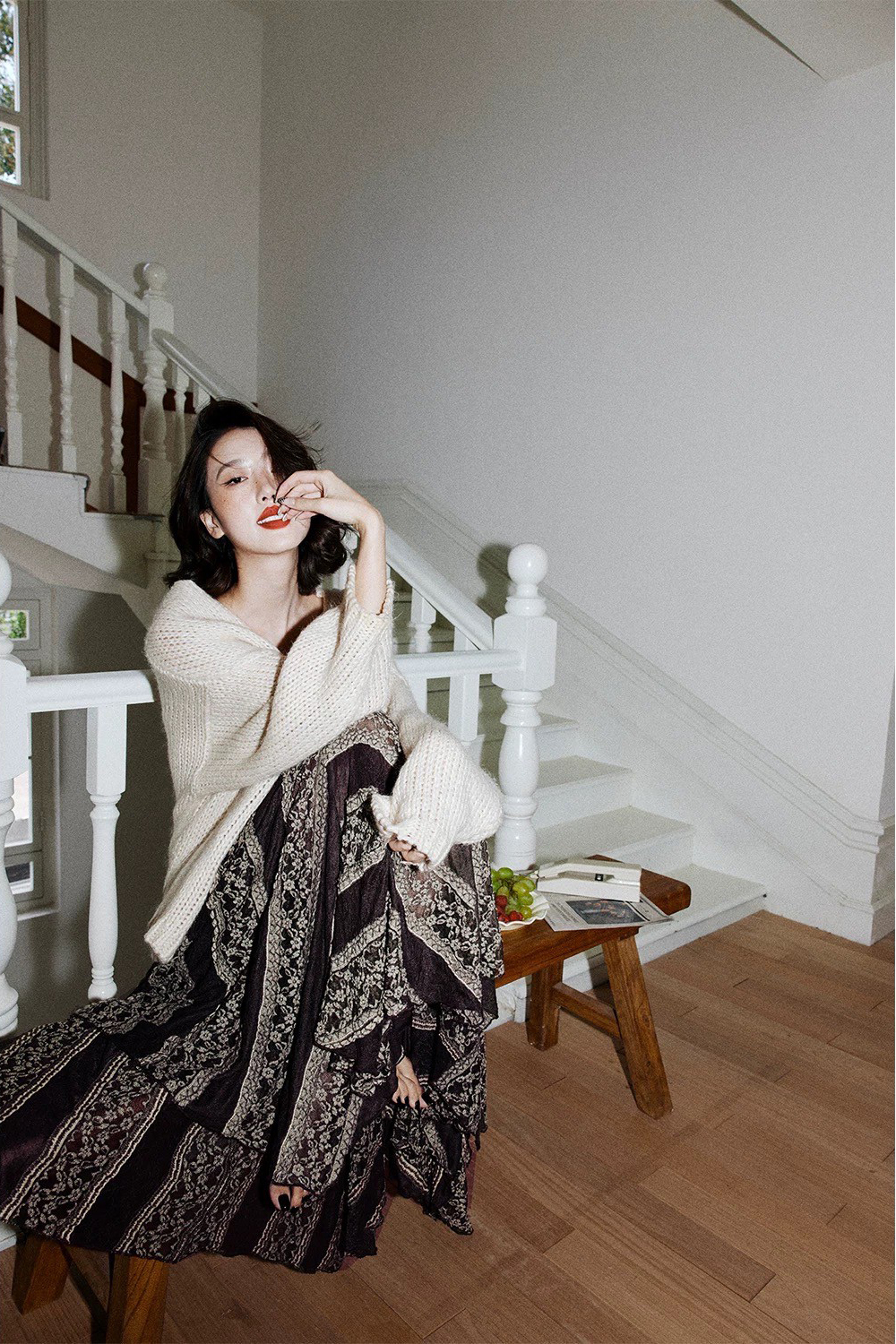 波希米亞配色圖騰不規則下擺長裙-XS-L (Elegant & Love)