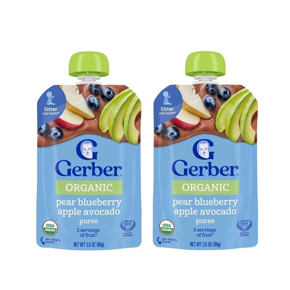 Gerber - 嘉寶有機果蓉 梨/藍莓/蘋果/牛油果 (適合6個月以上寶寶食用) 99g × 2袋 (平行進口)