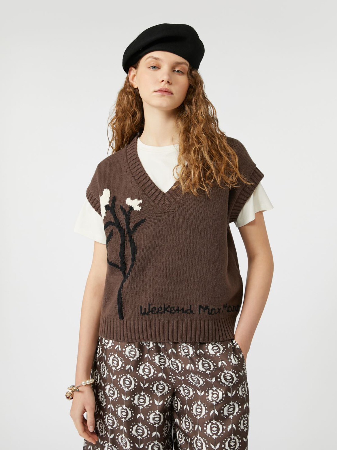 MaxMara Weekend 咖啡色棉混紡鏤花針織背心