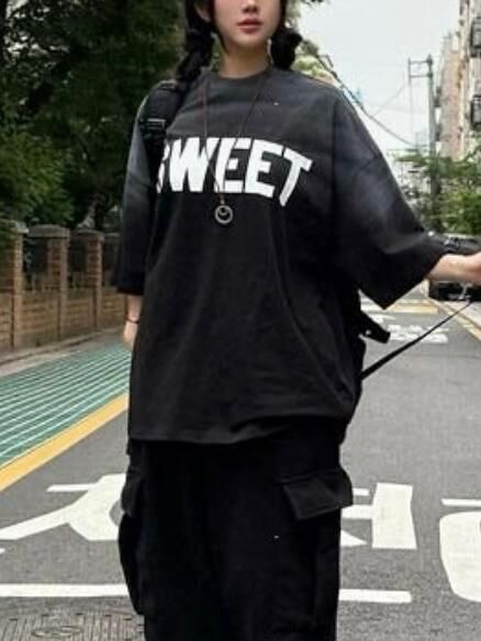 OverSize仿污英文字短袖Tee T5796