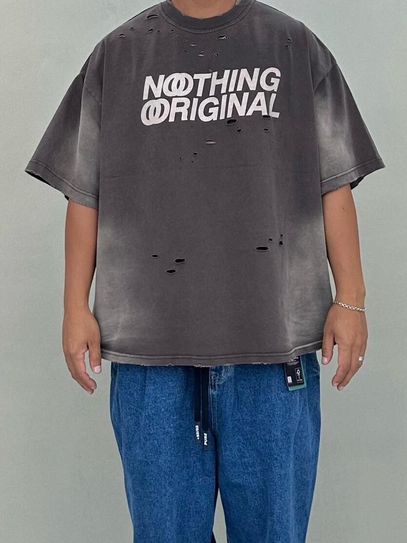 仿污破洞英文字短袖Tee PURE-164T