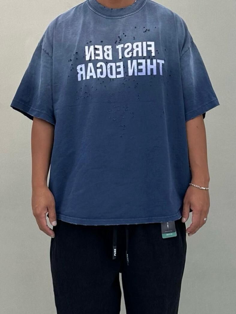 仿污破洞英文字短袖Tee PURE-165T