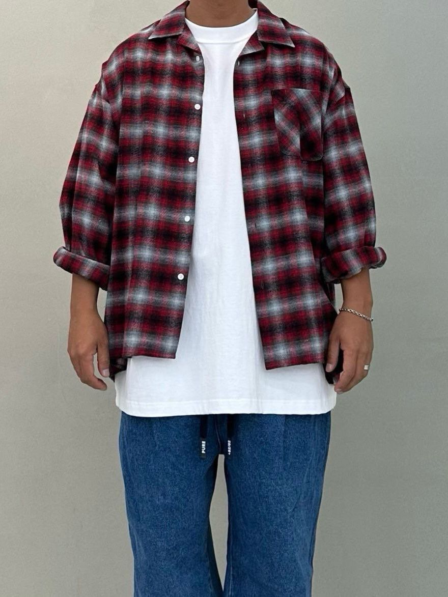 格仔長袖恤衫 PURE-166S