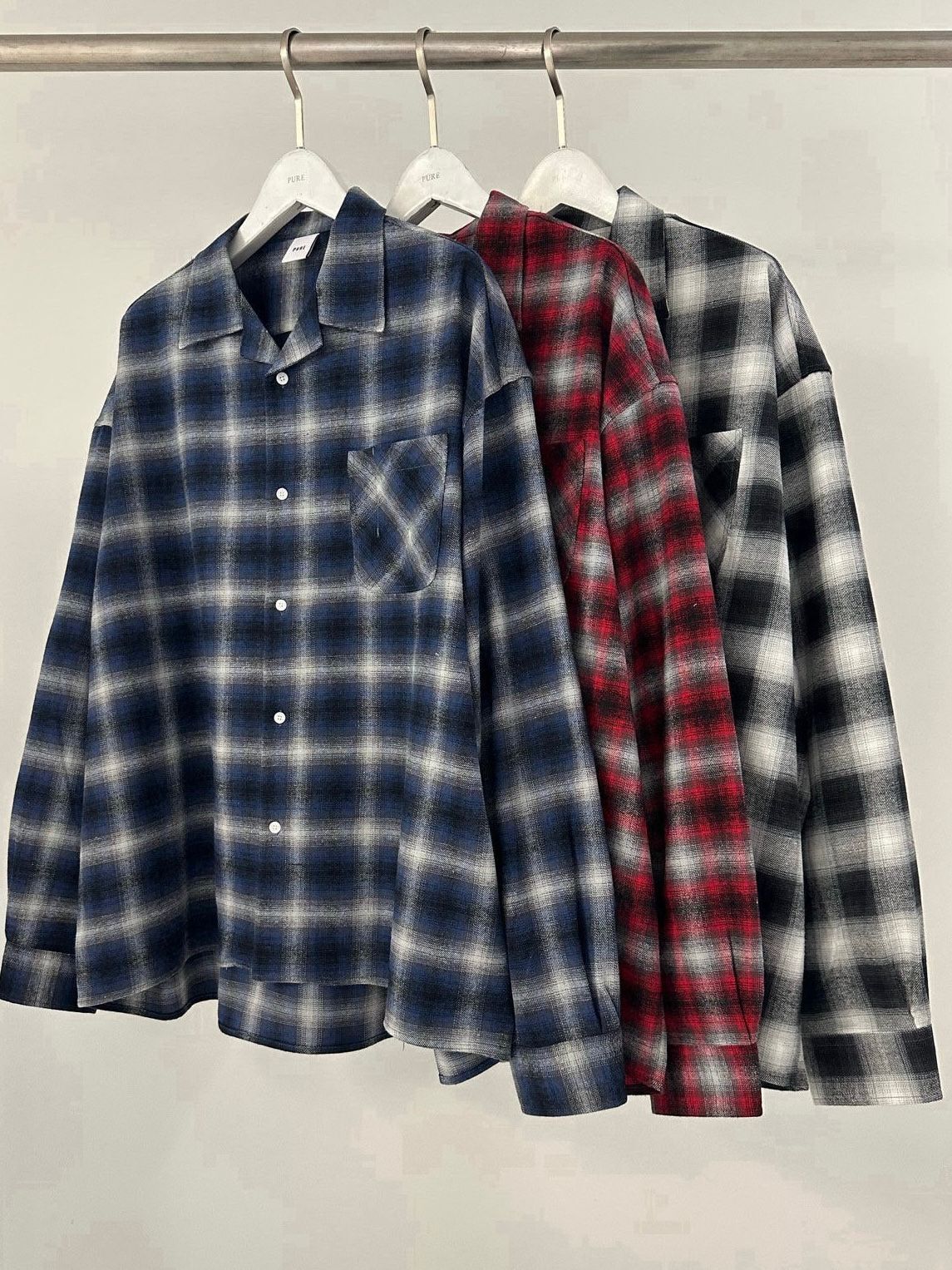 格仔長袖恤衫 PURE-166S