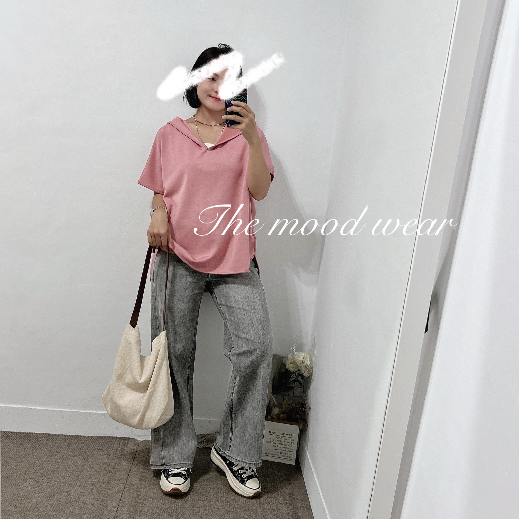 不悶熱太空棉Ｖ領連帽短Ｔ( 桃紅/黑色)