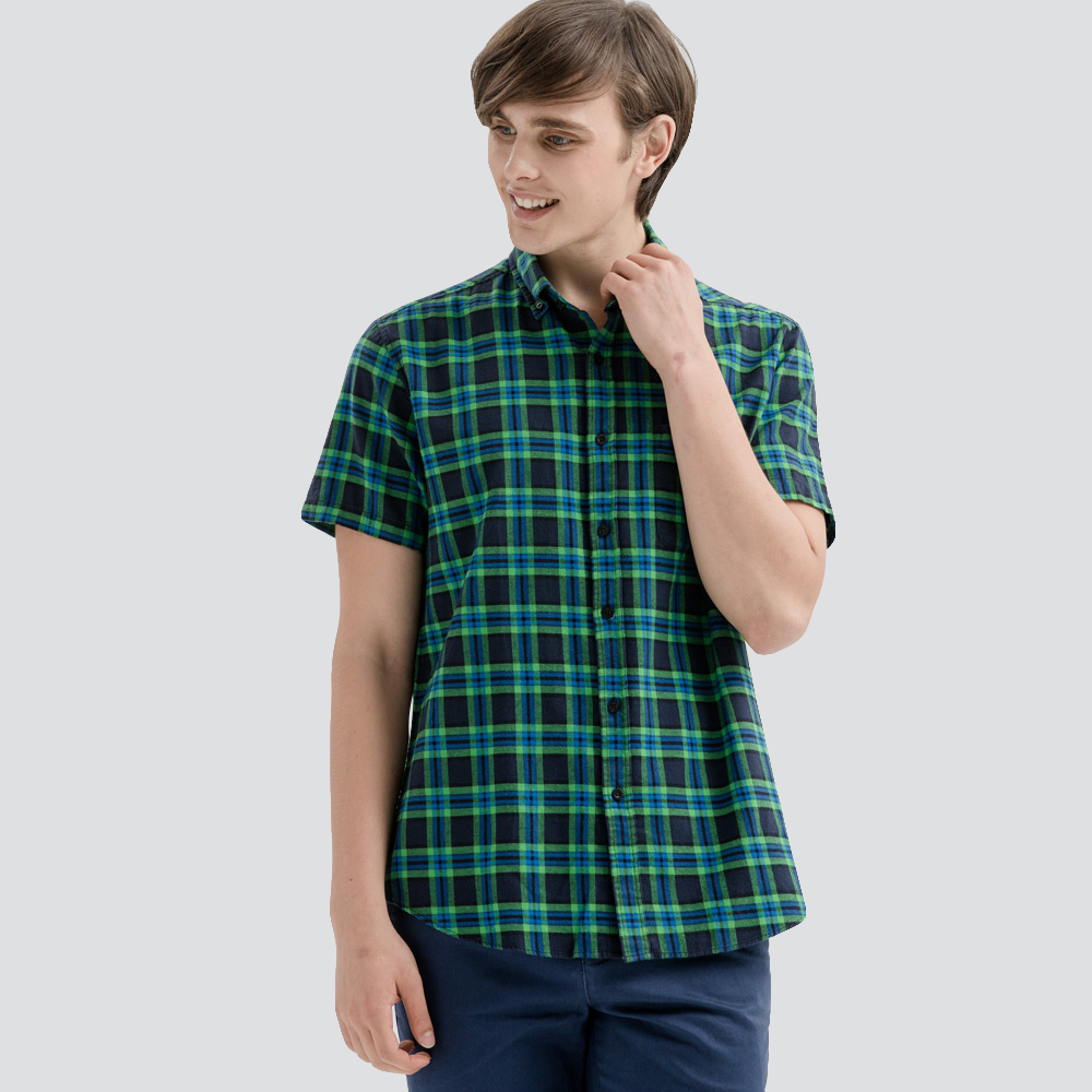 水洗格紋襯衫-深綠