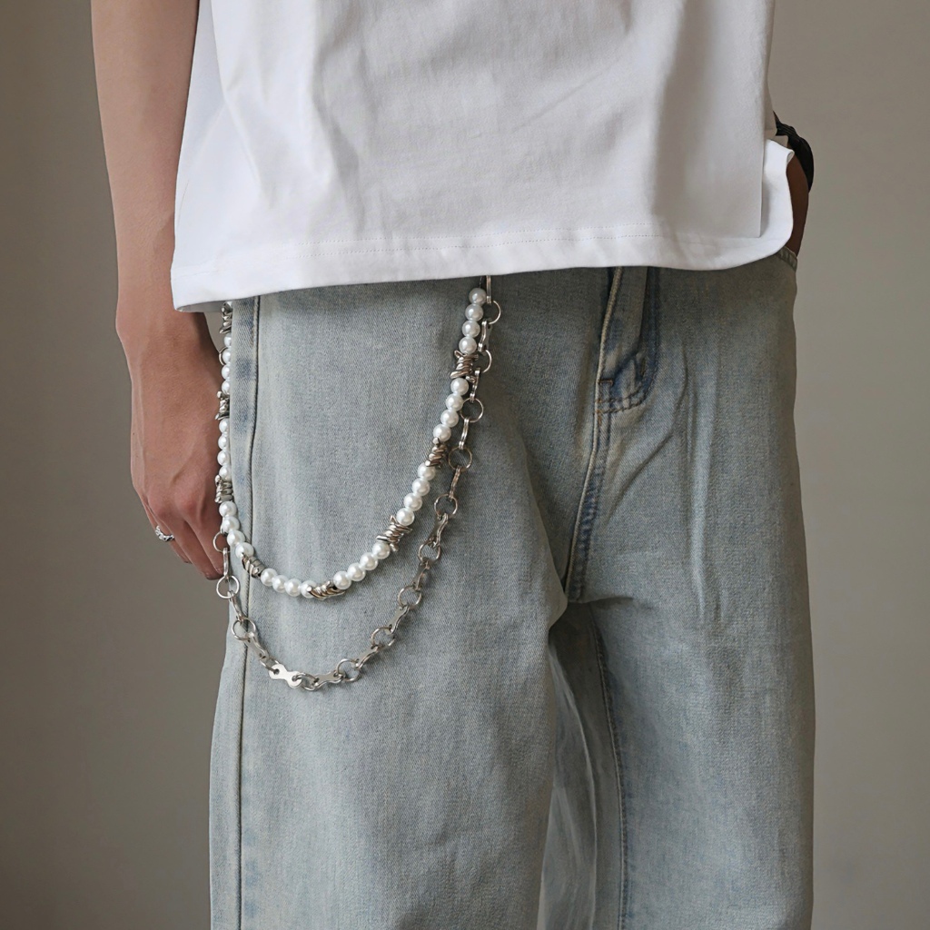 （現貨）韓系雙層 珍珠串珠 金屬鍊條 褲鍊 R-892