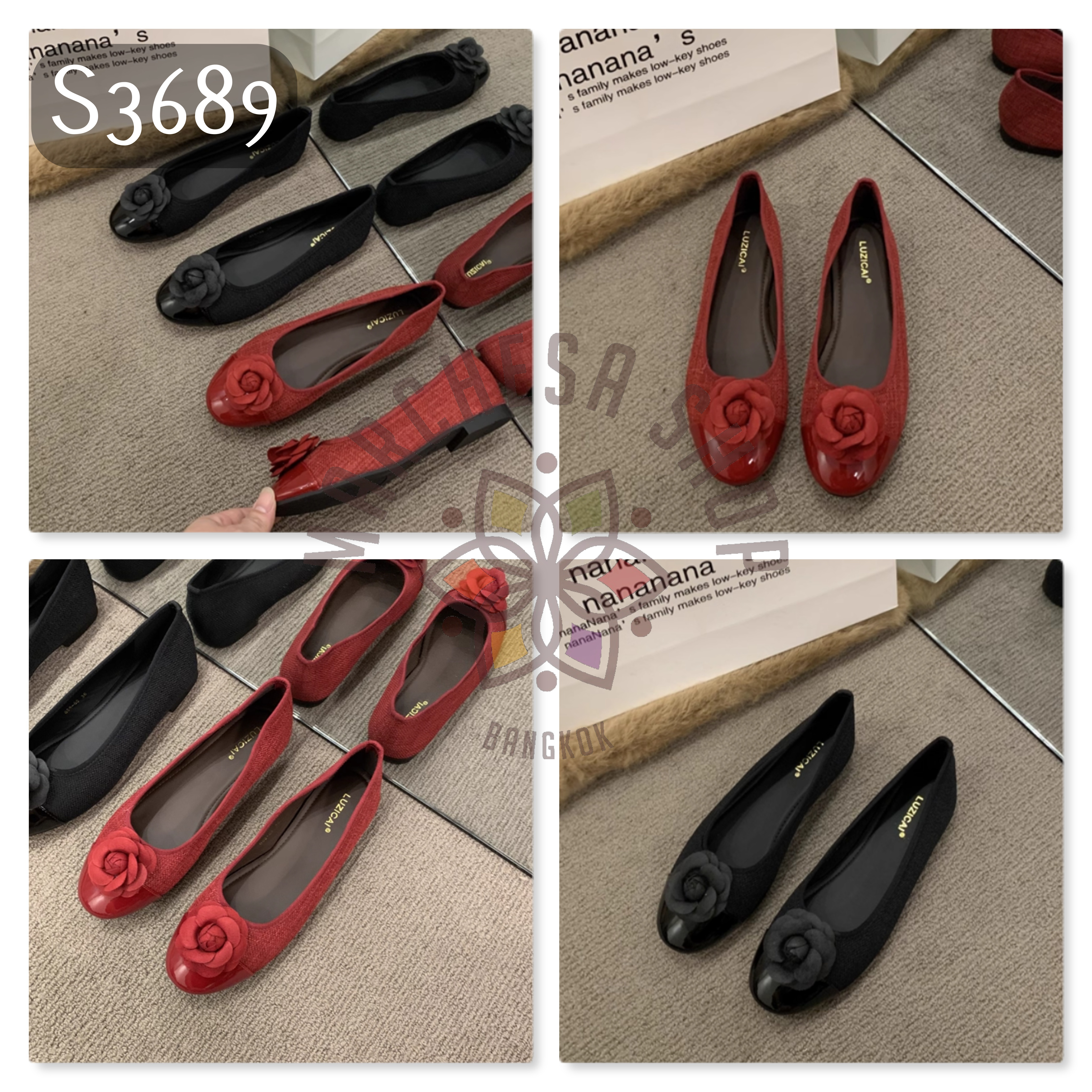 S3689 - 牛皮布面山茶花圓頭平底鞋