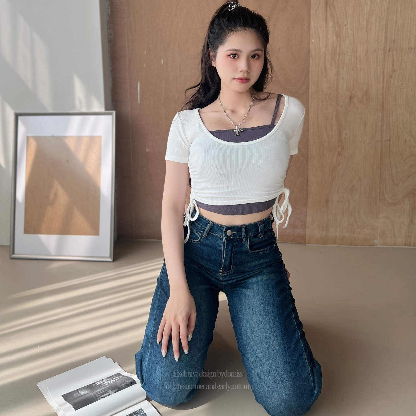 【DOMISS自訂】顯瘦造型抽繩真兩件式套裝-3色 (現貨) 百搭短版上衣 甜辣必收 套裝