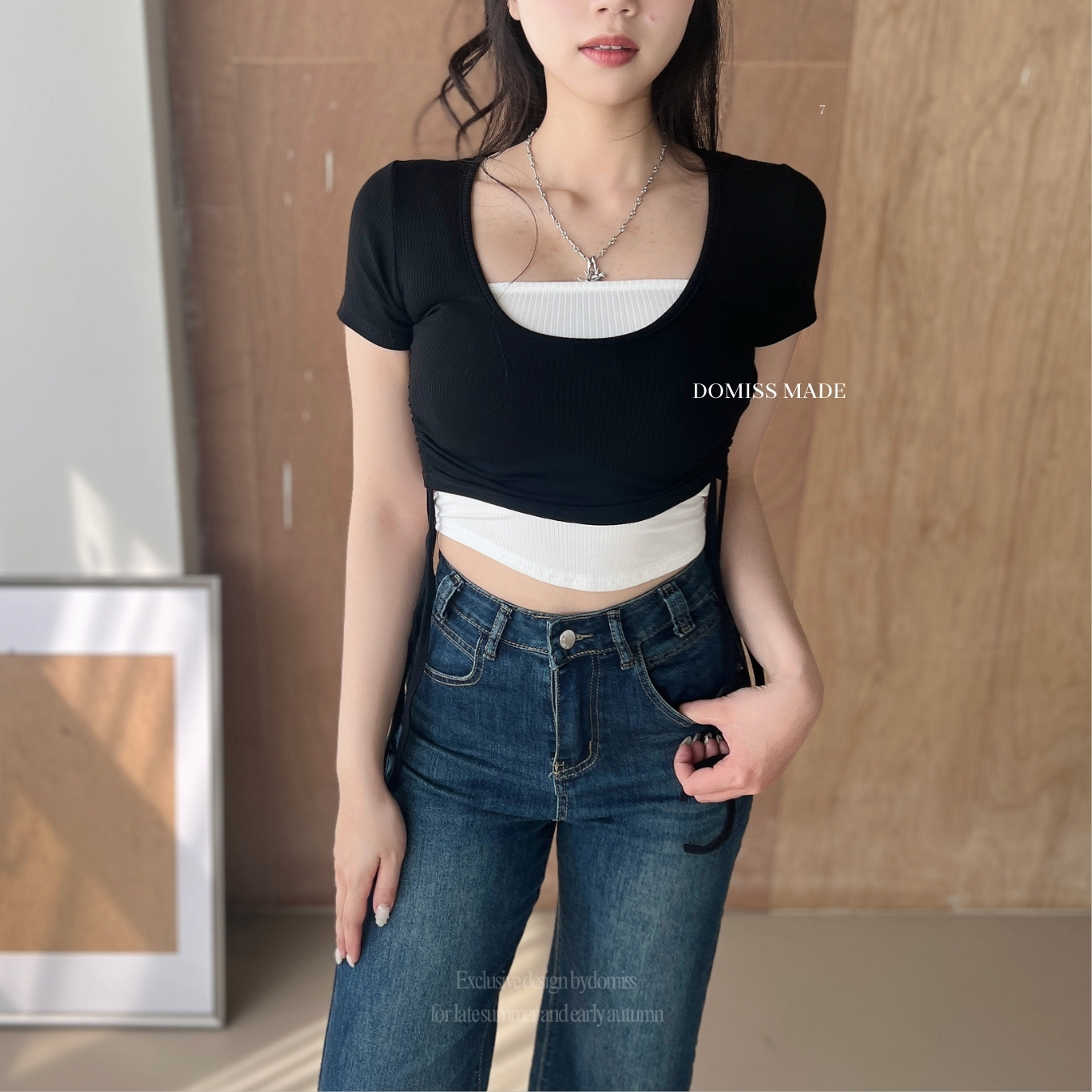 【DOMISS自訂】顯瘦造型抽繩真兩件式套裝-3色 (現貨) 百搭短版上衣 甜辣必收 套裝