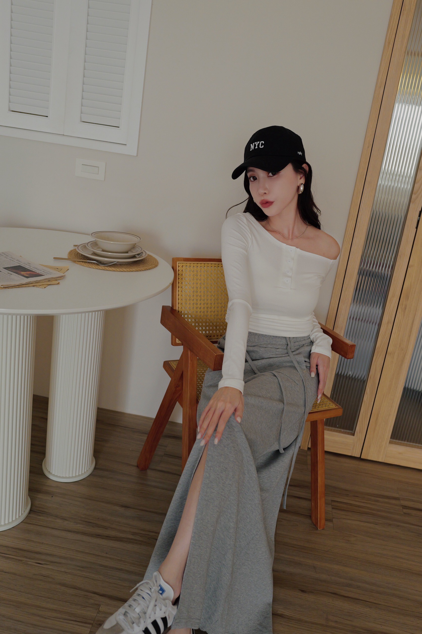 （現貨）#W04 休閒口袋開衩棉裙(白/黑/灰/軍綠)